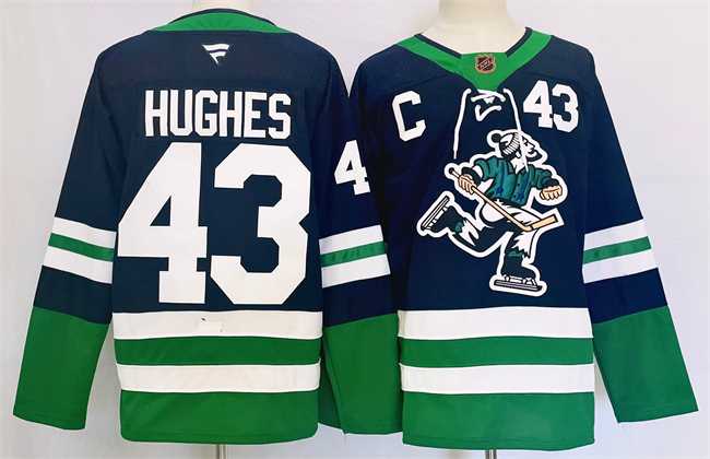 Mens Vancouver Canucks #43 Quinn Hughes Navy 2024 Reverse Retro Stitched Jersey